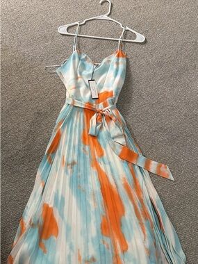 Lucy Paris Aqua & Orange Pleated Spaghetti-Strap Maxi Dress